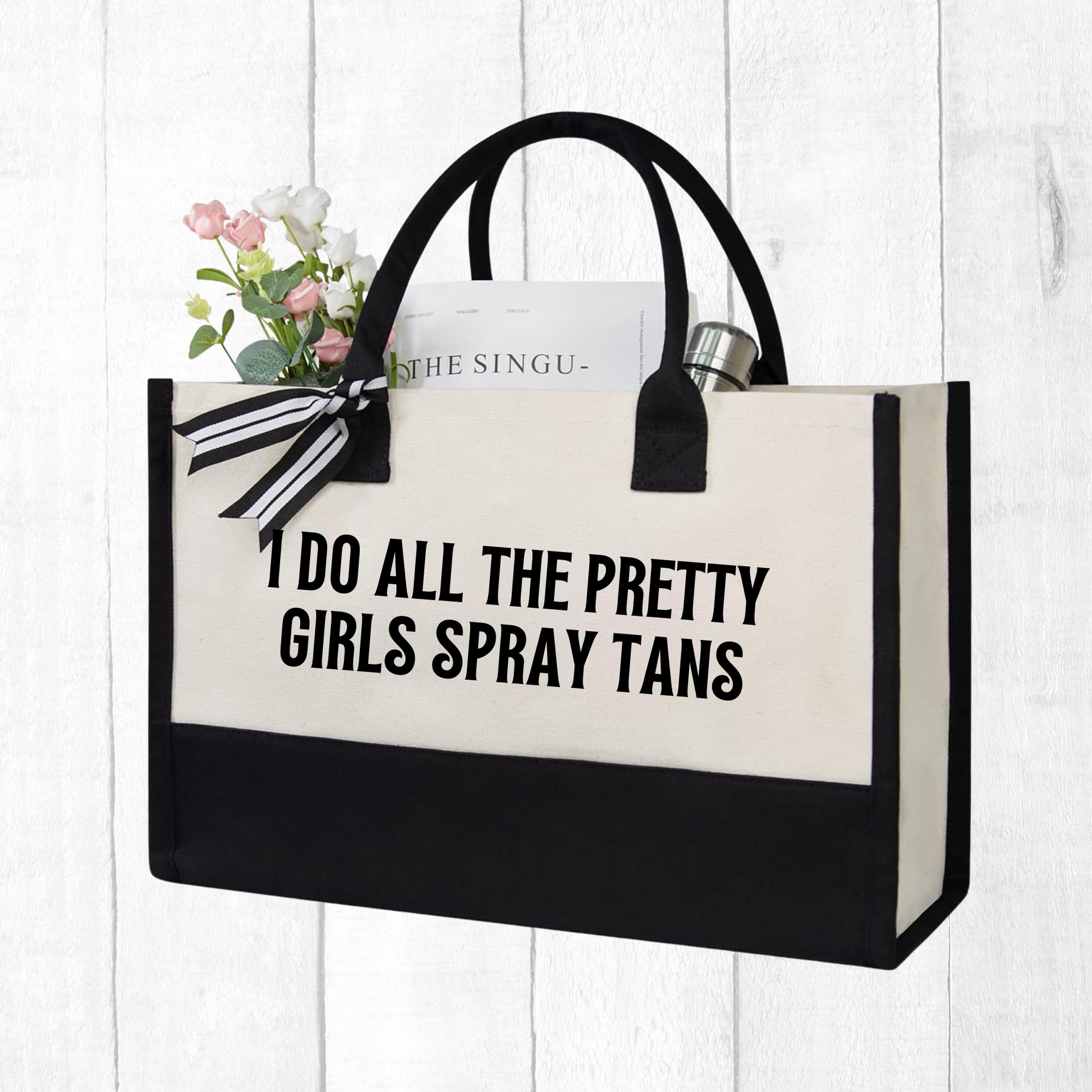 Esthetician Professional Tote Bag Large Canvas Design Black Trim Accent Striped Bow Detail Fashion Forward Work Bag Skincare Specialist Storage Solution Beauty Professional Essential Carry All Bag Stylish Salon Accessory Daily Use