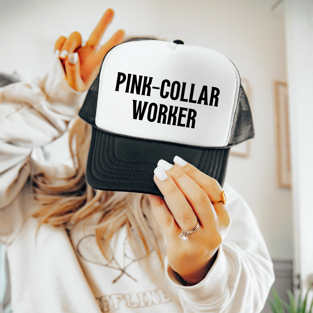 Pink Collar Worker Statement Hat Professional Style Baseball Cap Curved Brim Design Fashion Forward Workplace Accessory Adjustable Fit Multiple Color Options Career Pride Expression Beautiful Quality Construction Empowerment Message Modern