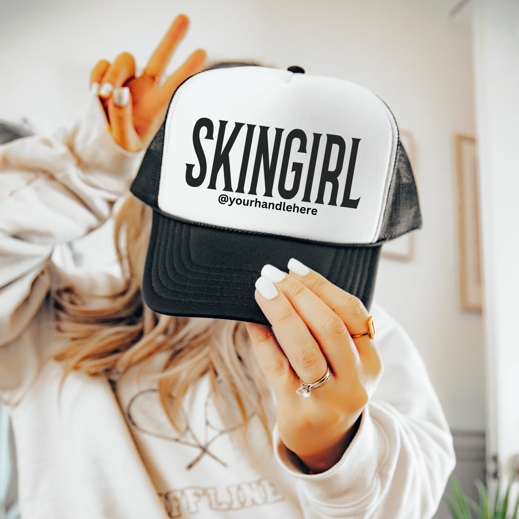 SKINGIRL Professional Trucker Hat Customizable Design Beauty Industry Branding Social Media Marketing Tool Esthetician Essential Thirteen Color Options Available Personal Brand Development Accessory Custom Instagram Handle Space