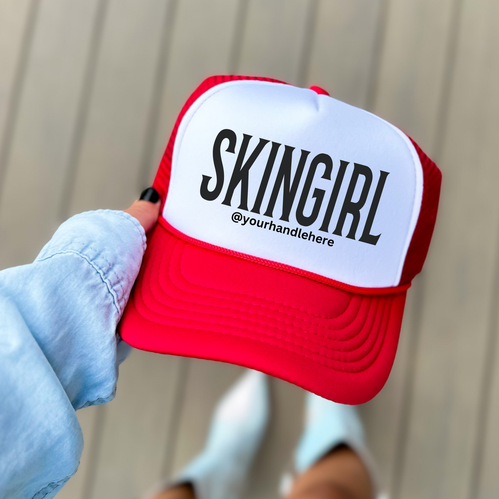 SKINGIRL Professional Trucker Hat Customizable Design Beauty Industry Branding Social Media Marketing Tool Esthetician Essential Thirteen Color Options Available Personal Brand Development Accessory Custom Instagram Handle Space