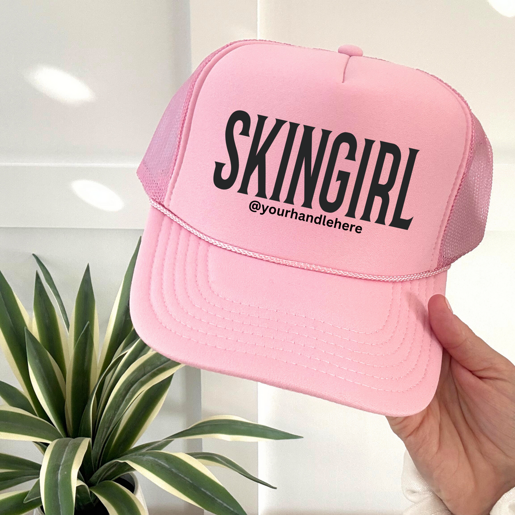 SKINGIRL Professional Trucker Hat Customizable Design Beauty Industry Branding Social Media Marketing Tool Esthetician Essential Thirteen Color Options Available Personal Brand Development Accessory Custom Instagram Handle Space