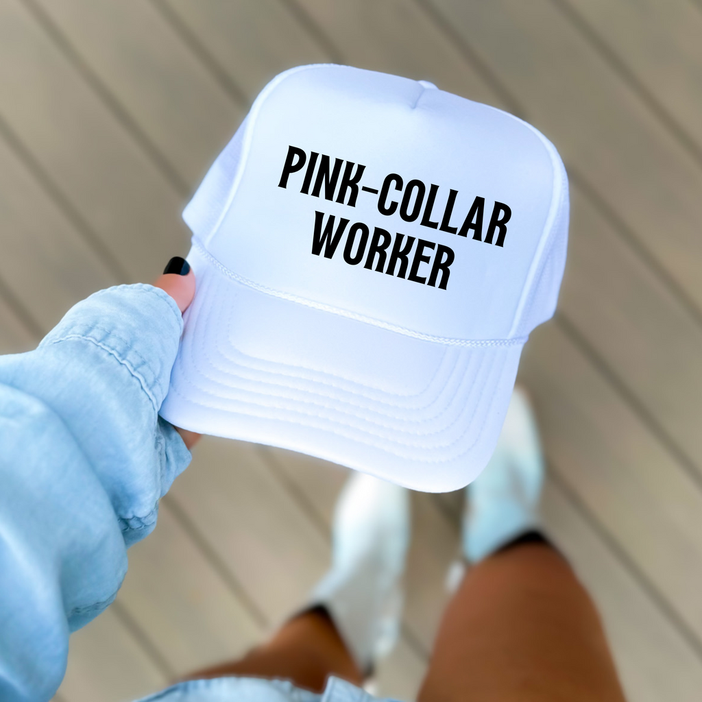 Pink Collar Worker Statement Hat Professional Style Baseball Cap Curved Brim Design Fashion Forward Workplace Accessory Adjustable Fit Multiple Color Options Career Pride Expression Beautiful Quality Construction Empowerment Message Modern