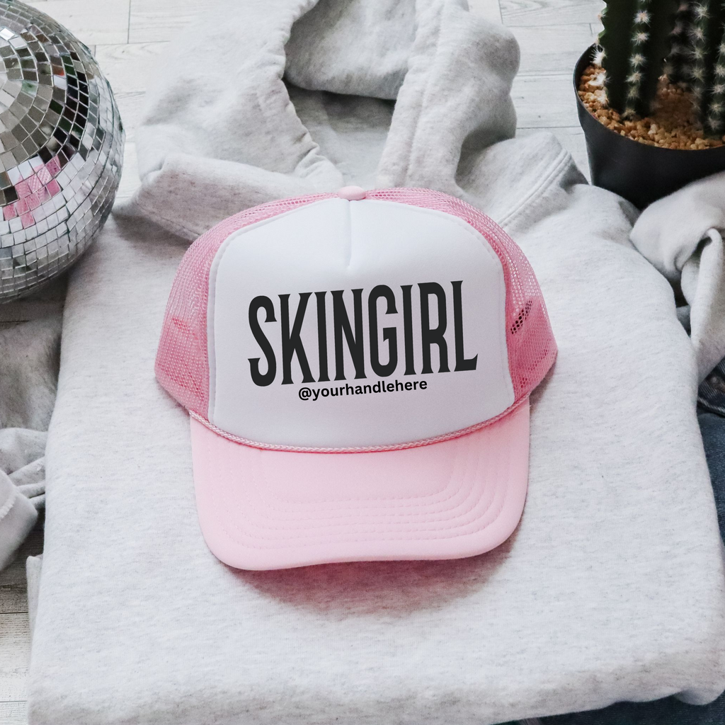 SKINGIRL Professional Trucker Hat Customizable Design Beauty Industry Branding Social Media Marketing Tool Esthetician Essential Thirteen Color Options Available Personal Brand Development Accessory Custom Instagram Handle Space