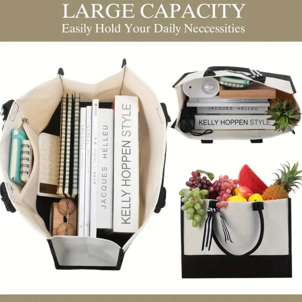 Lash Artist Professional Tote Large Canvas Makeup Storage Bag Beauty Supply Carrier Black White Design Striped Bow Accent Esthetician Work Essential Salon Supply Organization System Premium Quality Construction Stylish Fashion Statement