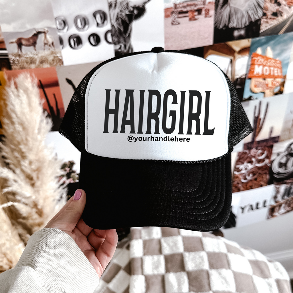 HAIRGIRL Custom Mesh Cap Professional Hairstylist Collection Fashion Forward Design Social Media Branding Tool Beauty Industry Essential Adjustable Comfort Fit Premium Quality Construction Multiple Color Options Salon Professional Accessory